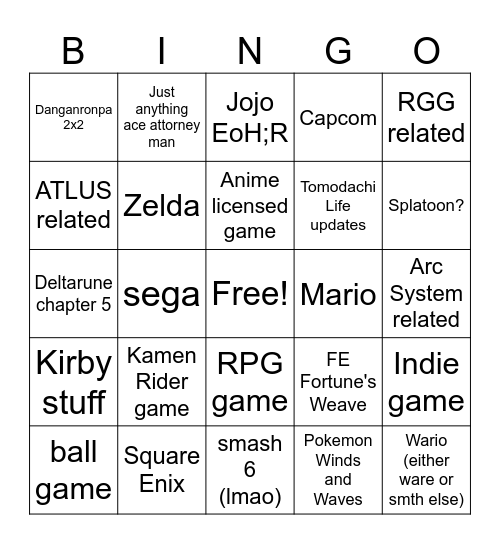 Nintendo Direct Bingo Card