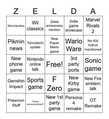 Nintendo Direct Summer 2026 Bingo Card