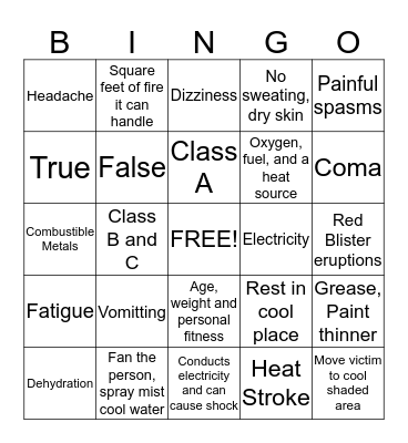 Fire Extinguisher and Heat Illness Prevention Bingo Card