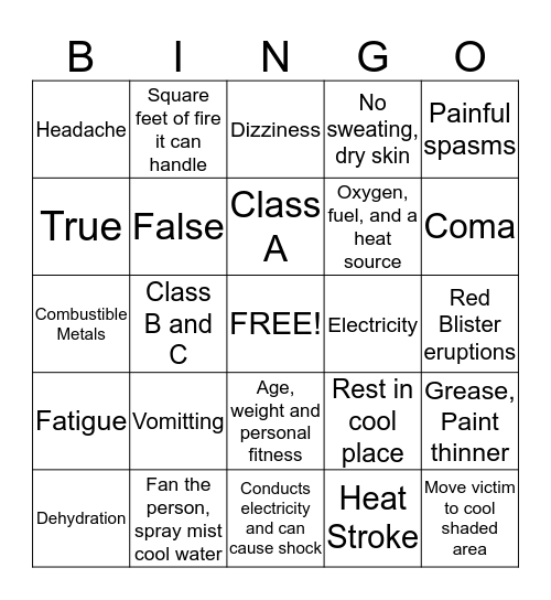 Fire Extinguisher and Heat Illness Prevention Bingo Card