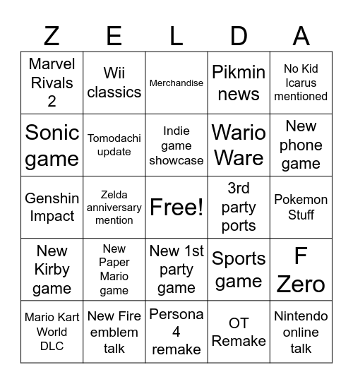 Nintendo Direct Summer 2026 Bingo Card
