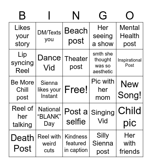 Sienna bingo Card