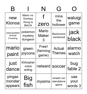 derect Bingo Card