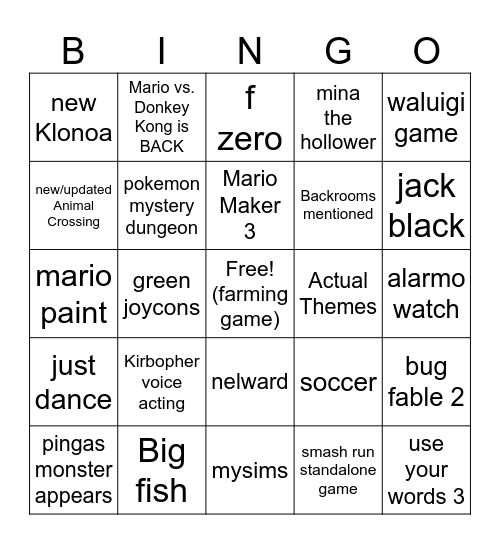 derect Bingo Card