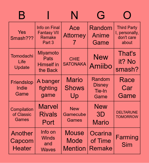 June Nintendo Direct Bingo Card