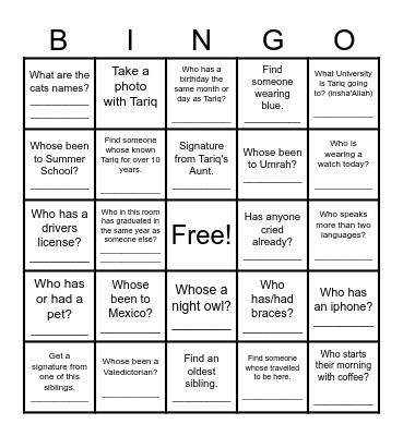 Tariq's Graduation Celebration Bingo Card