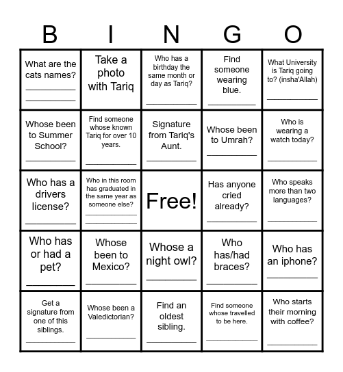 Tariq's Graduation Celebration Bingo Card