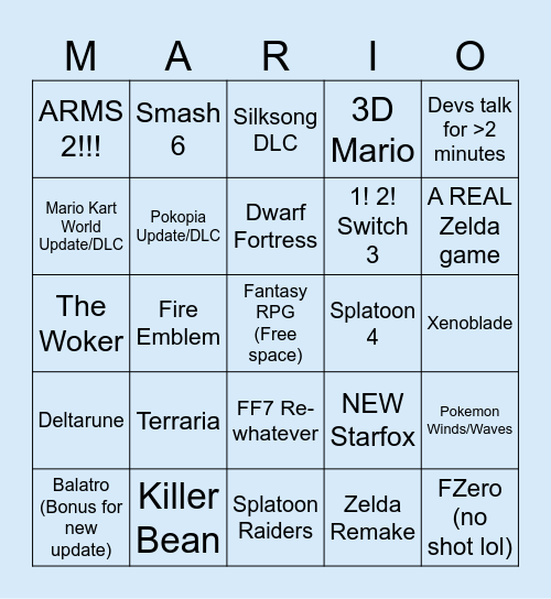Flak Nintnendo Direct Bingo Card