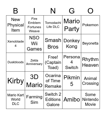 6/9/26 Nintendo Direct Bingo Card