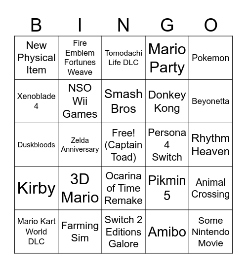 6/9/26 Nintendo Direct Bingo Card