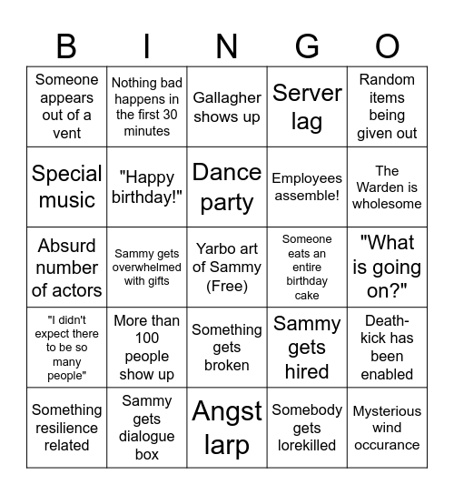Sammy's birthday bingo Card