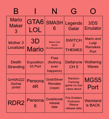 NINTENDO DIRECT 6/8 Bingo Card
