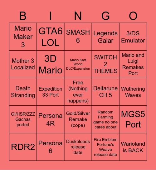 NINTENDO DIRECT 6/8 Bingo Card