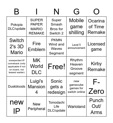 Jun. 9 2026 Nintendo Direct Bingo Card