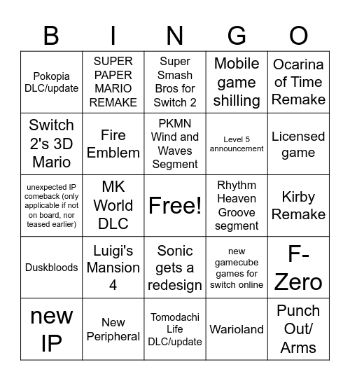 Jun. 9 2026 Nintendo Direct Bingo Card