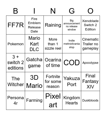 nintendo direct Bingo Card