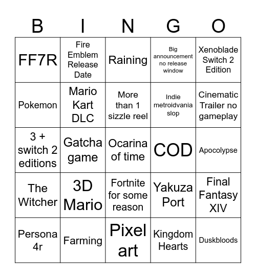 nintendo direct Bingo Card