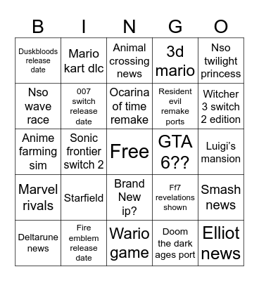 6/9/26 Nintendo direct Bingo Card