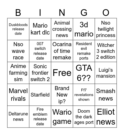 6/9/26 Nintendo direct Bingo Card