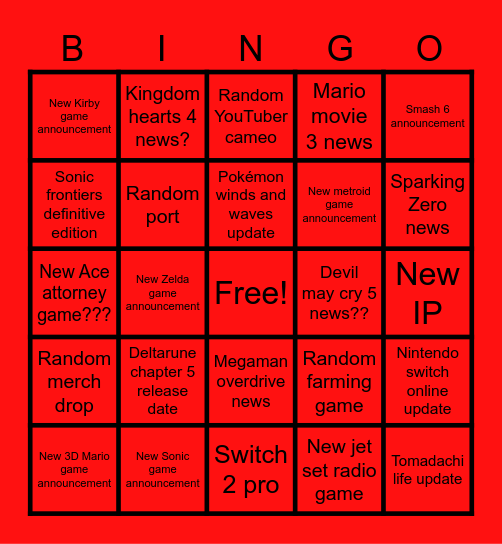 Nintendo direct Bingo Card