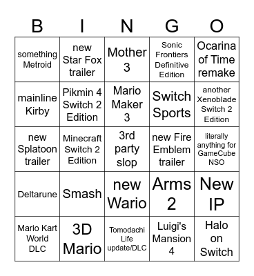 Nintendo Direct 6/9/26 Bingo Card