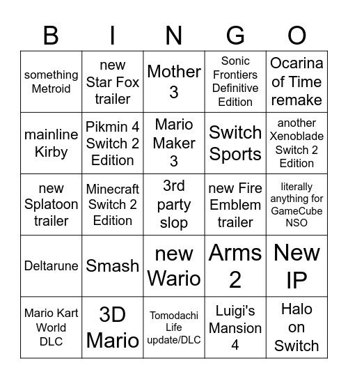 Nintendo Direct 6/9/26 Bingo Card