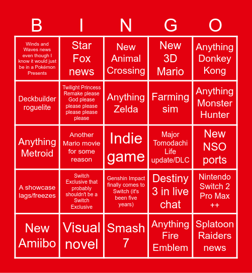 Nintendo Direct Bingo Card