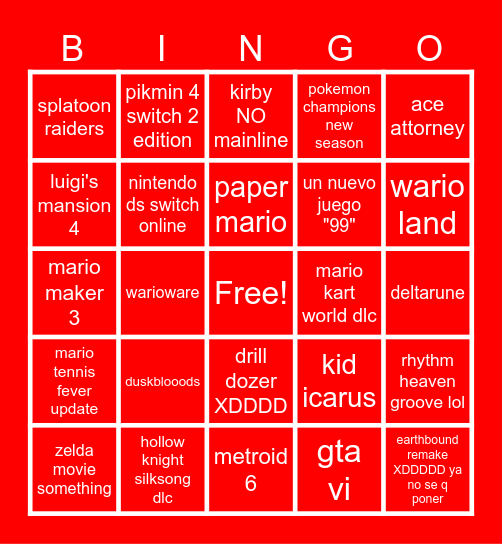 Nintendo Direct 69 Bingo Card