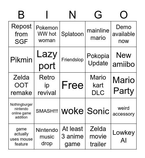 Nintendo Direct Bingo Card