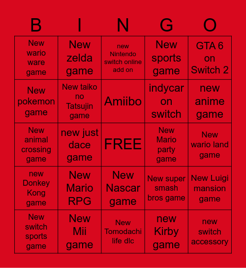 Nintendo Direct ( 6/9/26) Bingo Card
