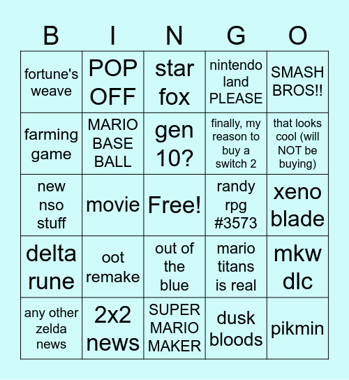 6/9 NINTENDO DIRECT Bingo Card