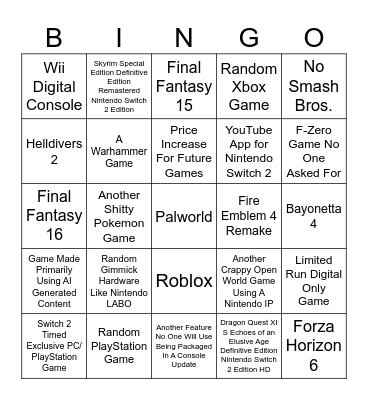 Nintendo Switch 2 Bingo Card