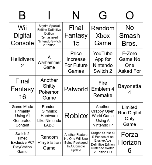 Nintendo Switch 2 Bingo Card