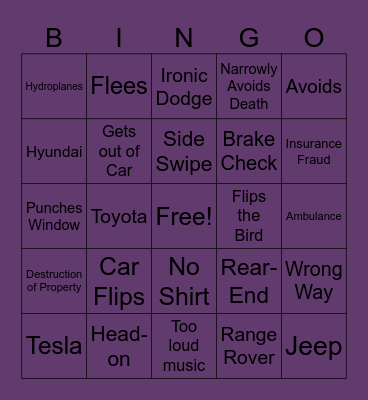 Road Rage Bingo Card