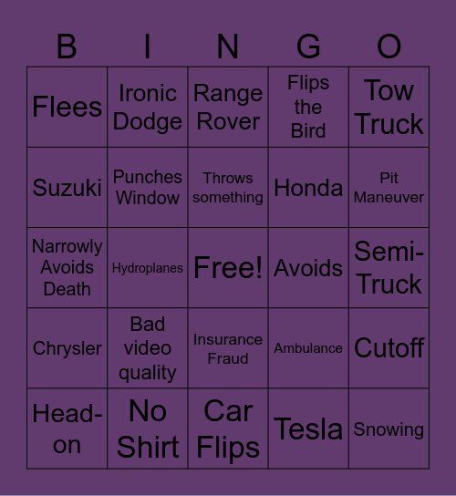 Road Rage Bingo Card
