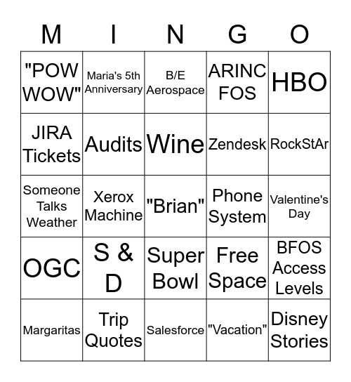 Weekly CSC/DB Team Meeting Bingo Card