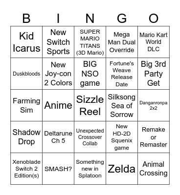 Nintendo Direct 6/9 Bingo Card