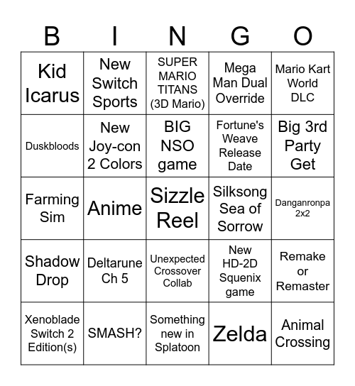 Nintendo Direct 6/9 Bingo Card