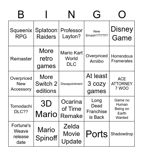 Nintendo Direct June 2026 Bingo Card