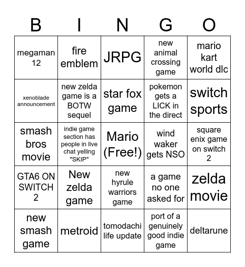 NINTENDO DIRECT 6.9.2026 Bingo Card