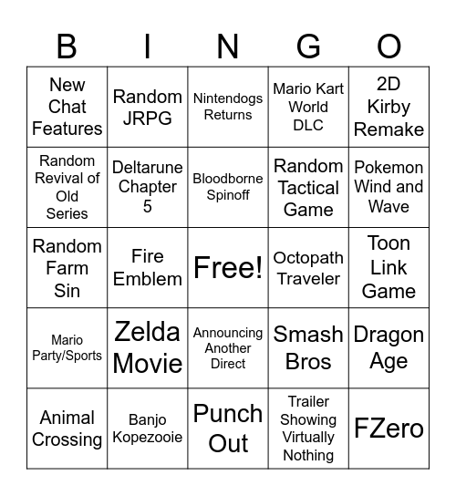 Nintendo Direct 6-9-26 Bingo Card