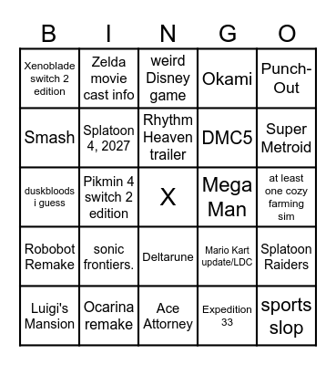 Nintendo Direct 69 Bingo Card