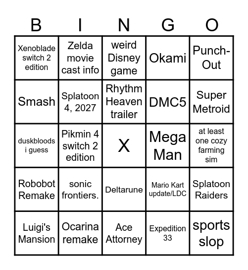 Nintendo Direct 69 Bingo Card