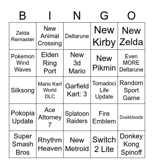 Nintendo Switch Direct Bingo Card