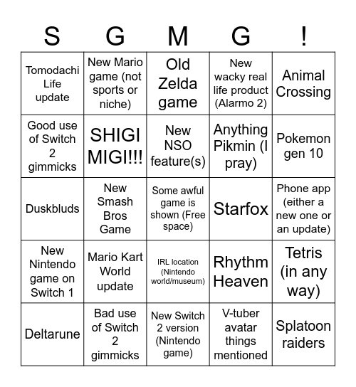 Nintendo Direct June 2026 Bingo Card