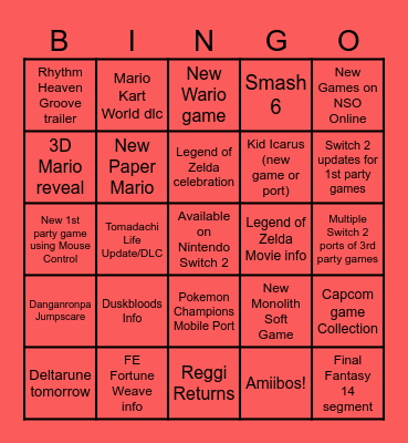 Nintendo Bingo June 9th 2026 Bingo Card