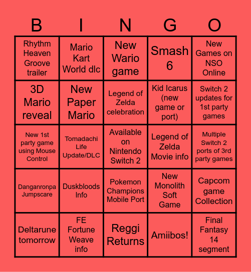 Nintendo Bingo June 9th 2026 Bingo Card