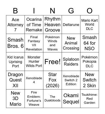 Nintendo Direct 6/9/26 Bingo Card