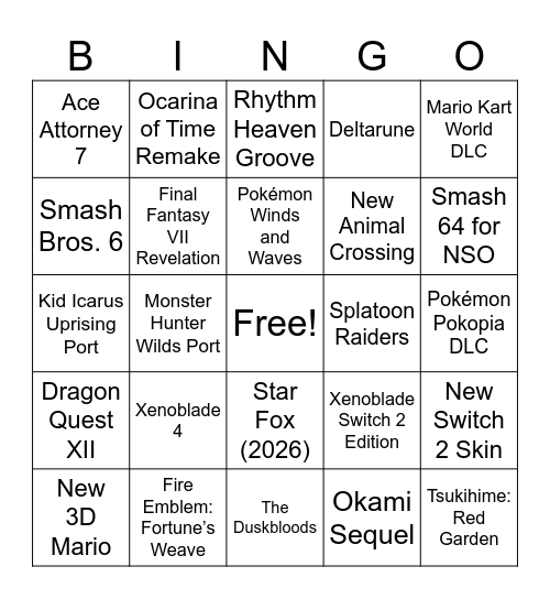 Nintendo Direct 6/9/26 Bingo Card
