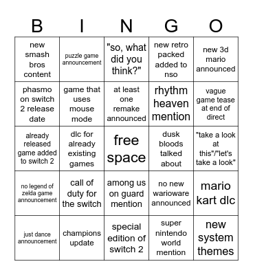 Nintendo Direct Bingo Card